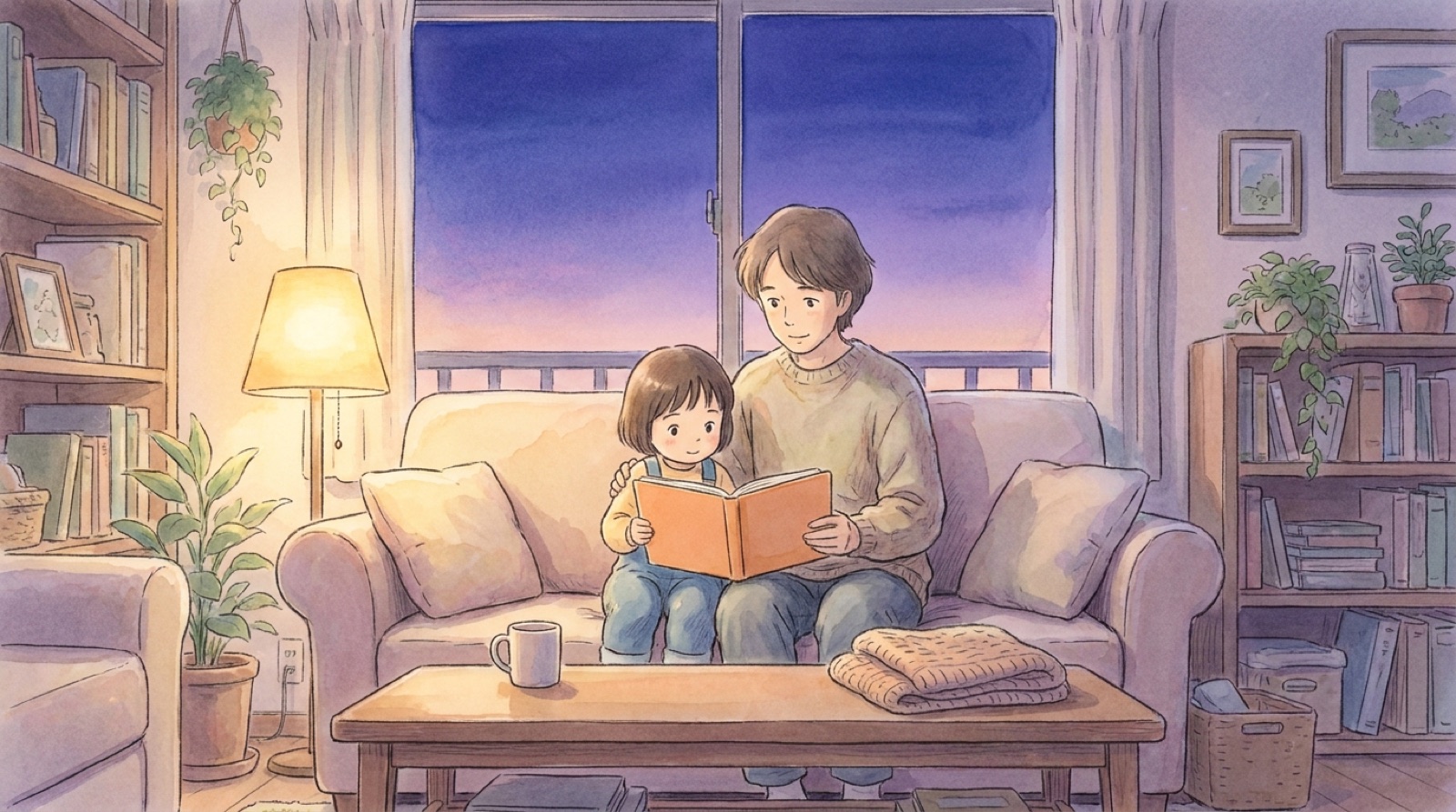 A parent reads a picture book on the couch with a young child at dusk, a warm lamp glowing.