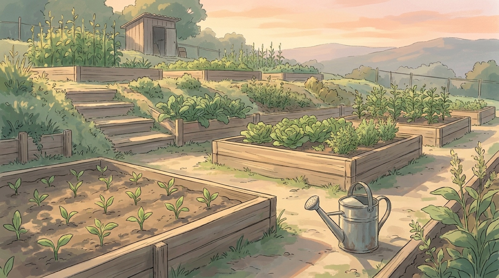 A terraced hillside garden at golden hour, young sprouts in the nearest bed and mature plants in the highest.