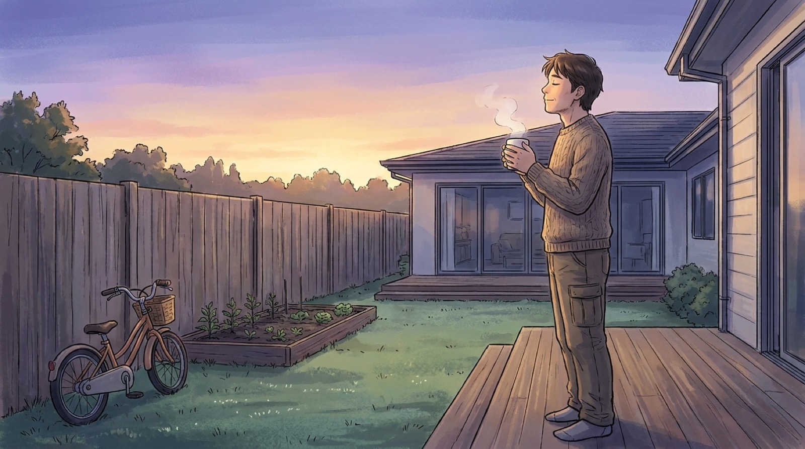 A parent stands on their back porch at sunrise, holding a warm mug, face turned toward the morning sun.