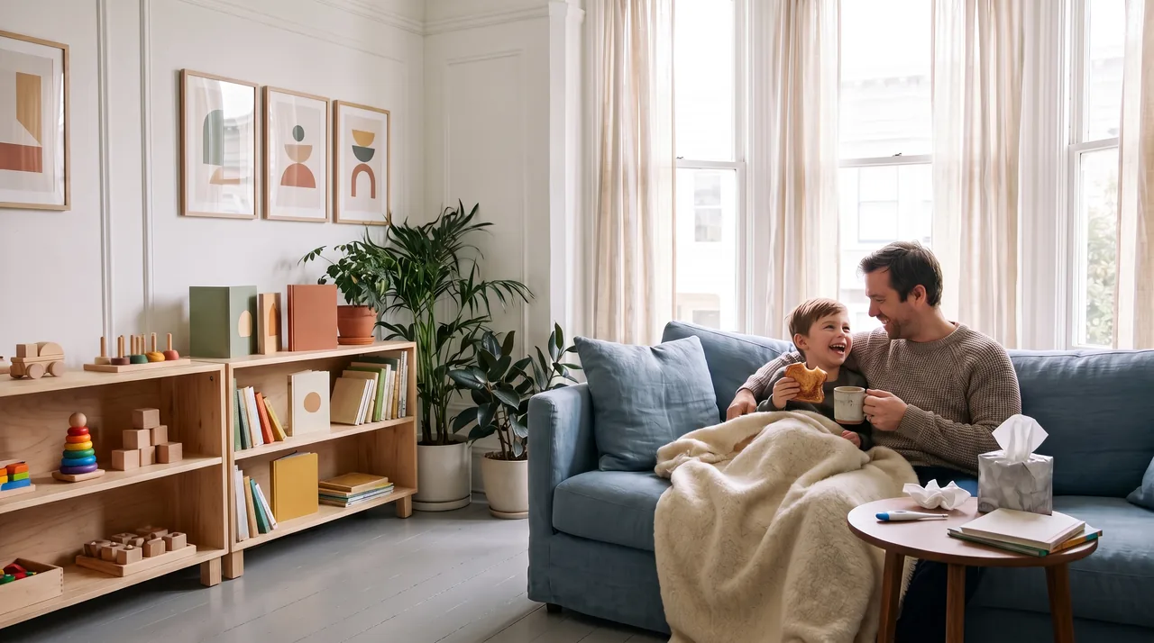 A father on the sofa with his son, wrapped in a blanket and grinning over a piece of toast.