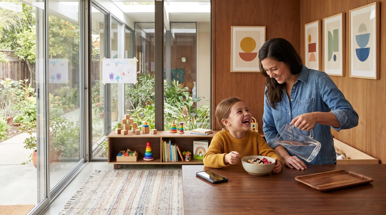 A mother pouring water for her daughter, who laughs over a bowl of oatmeal.
