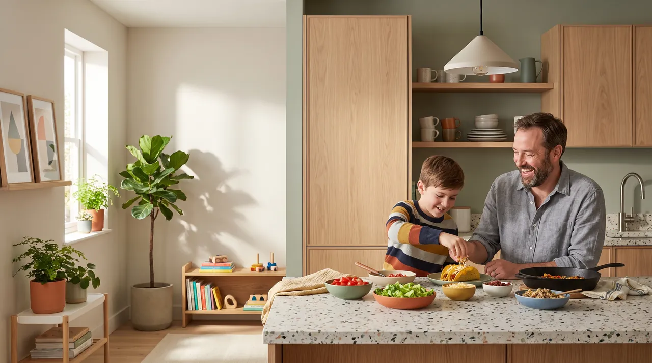 A father and his son making tacos together at a terrazzo kitchen counter.