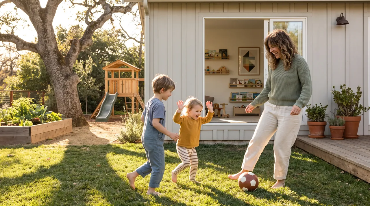 A mother kicking a ball around the backyard with her two kids under a big oak tree.
