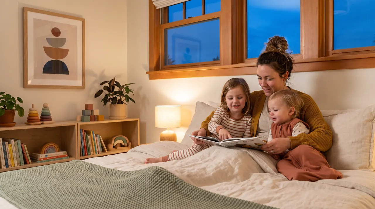 A mother reading a picture book in bed with her two young kids.