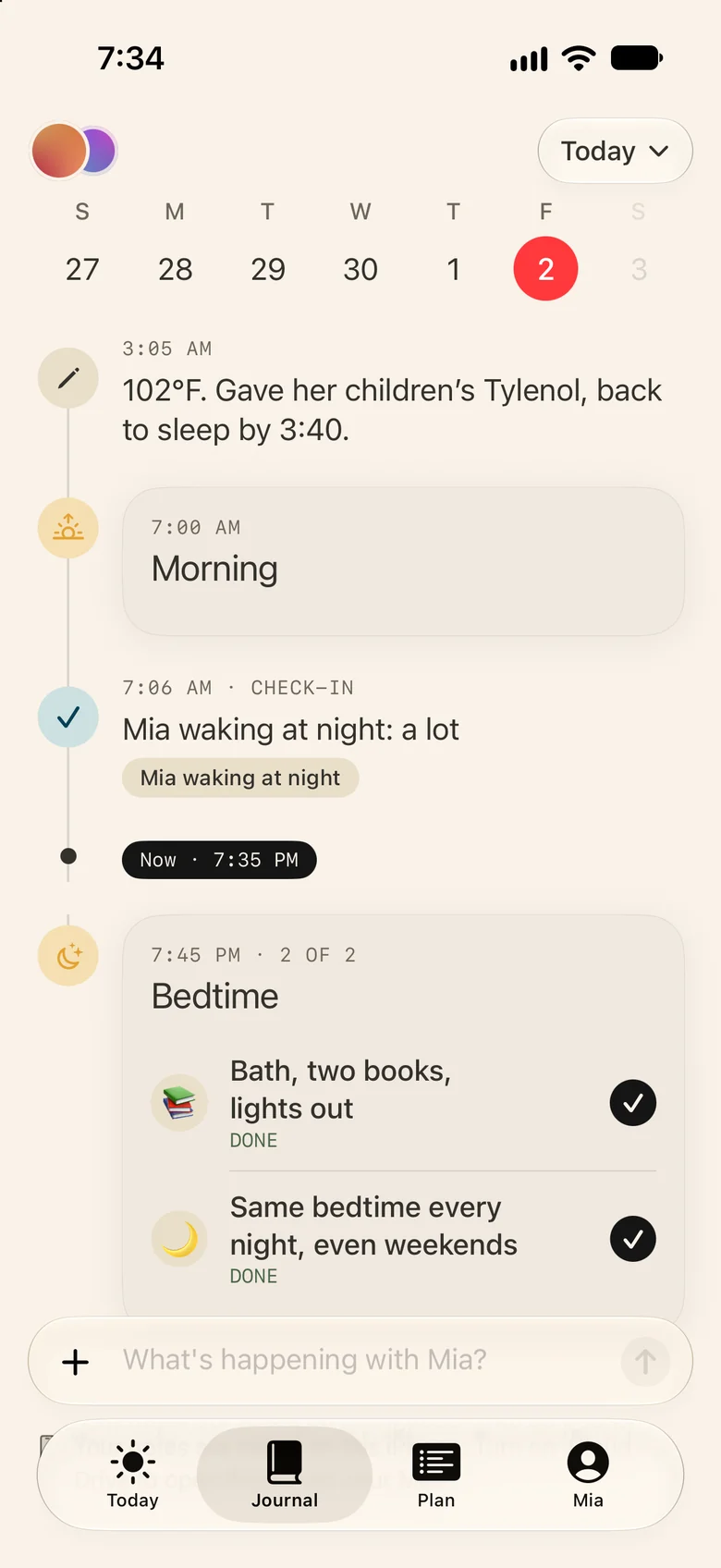 Mia’s journal: 102°F at 3:05 am, children’s Tylenol, back to sleep by 3:40, and tonight’s bedtime routine.