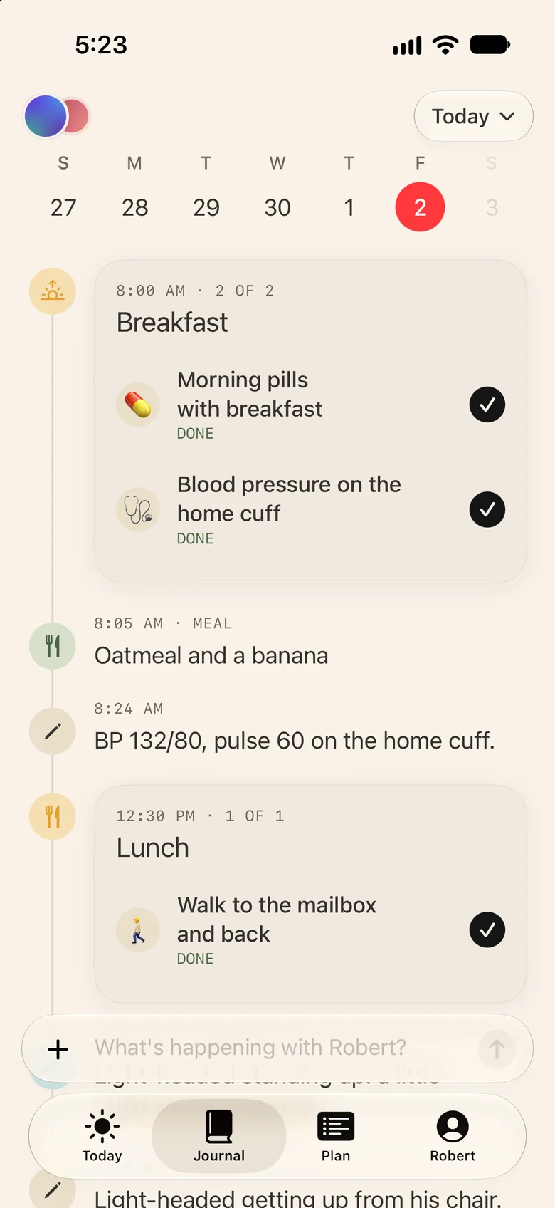 Robert’s journal, kept by his daughter: morning pills and the home blood pressure check marked done, and a note reading BP 132/80, pulse 60 on the home cuff.