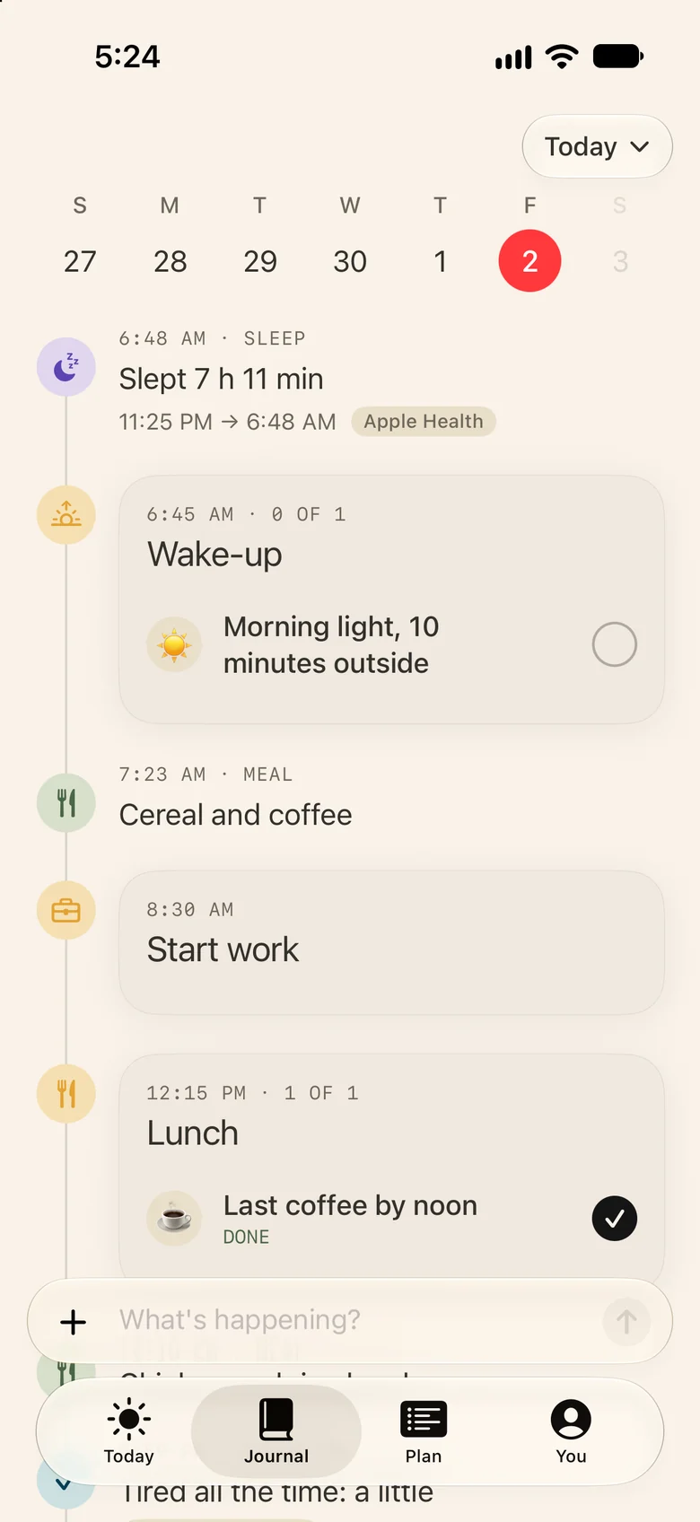 Marcus’s Journal for Friday, October 2: sleep from Apple Health, breakfast, and his last coffee by noon marked done.